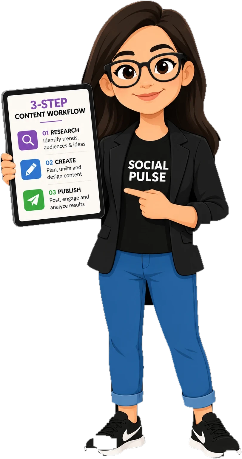 Pallavi holding a tablet showing her 3-step content workflow: research, create, publish
